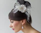 Bridal Fascinator, Bridal Head Piece, Wedding Hair Accessory, Ivory Feather Fascinator, Birdcage Veil - CECI