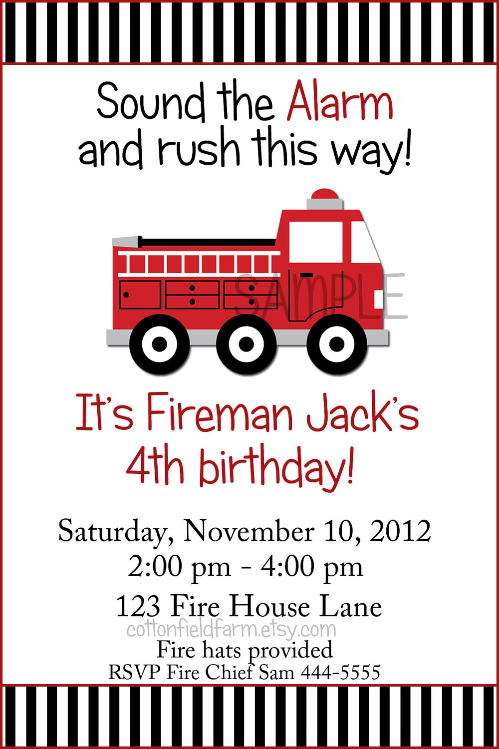 Little Red Fire Truck Birthday Party Invitation C-353-A Digital Download