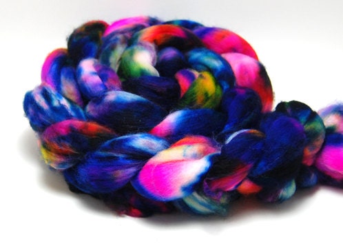 Handpainted Superwash Merino Wool Roving - Street Spirit - 4 oz Blue Yellow Orange Pink Purple