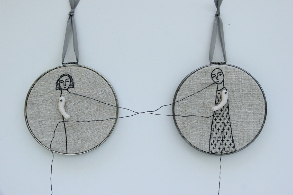 hand embroidered art -we complete each other textile art fiber art