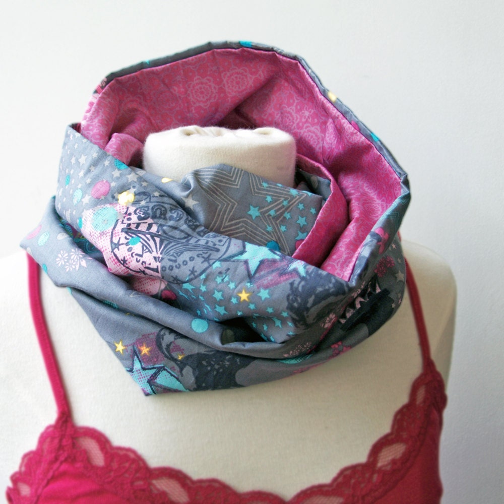 Infinity Reversible Circle Scarf in Pink and Circus print fabric