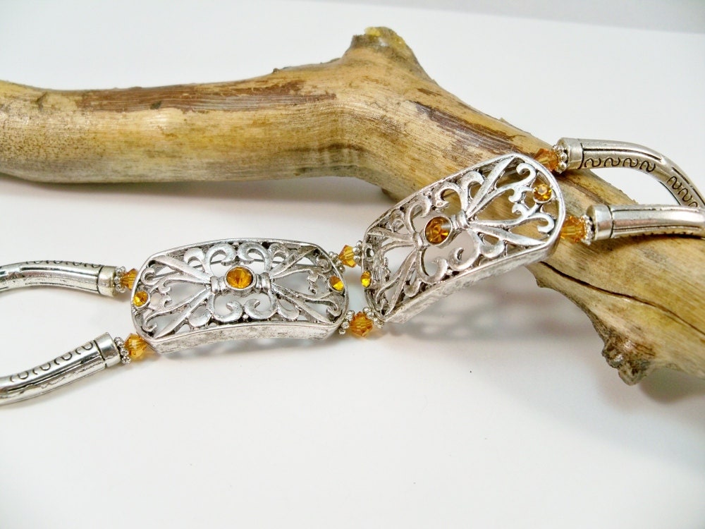 Double Strand Bracelet, Silver Bracelet, Beaded Bracelet, Amber Crystal Bracelet, Birthstone Jewelry, Fashion Jewelry