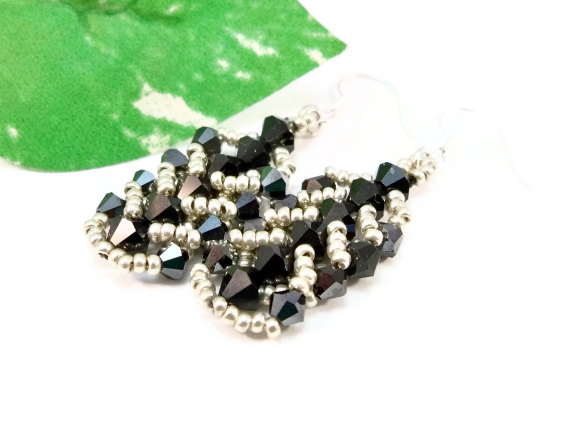 Womens Beaded Earrings Silver and Black Bead Weaving