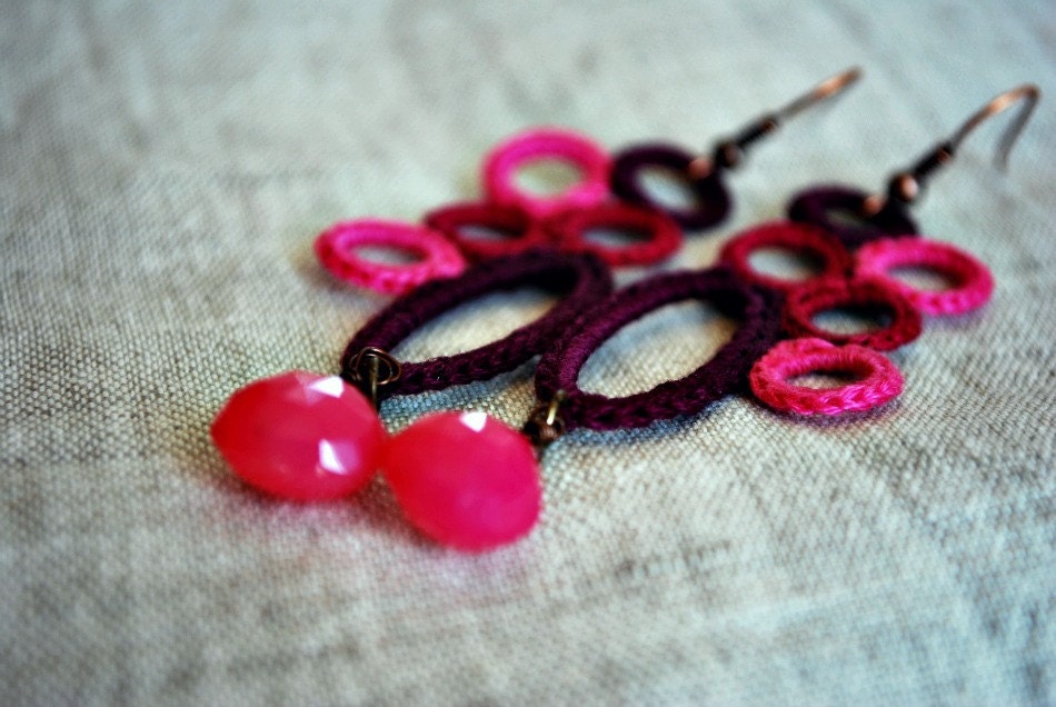 Burgundy Magenta and Hot Pink Crochet Earrings with Quartz.. Lightweight Jewelry. Boho.