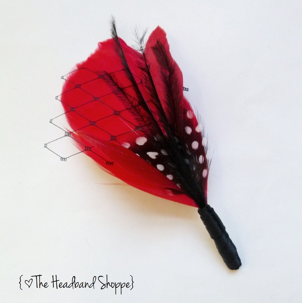 GENEVA  - Red Feather Boutonniere Lapel Pin with Black and White Feather Accents and birdcage veiling