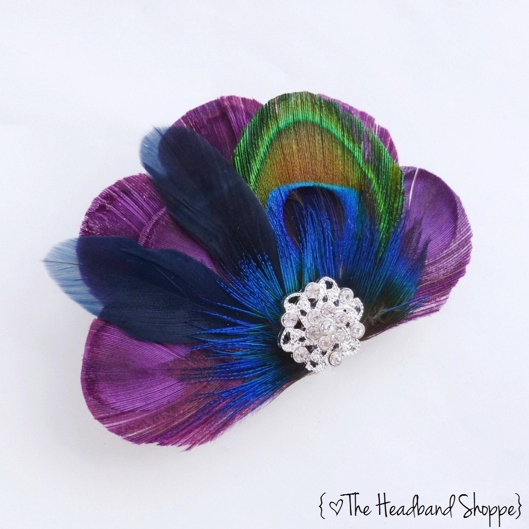 CELENA - Purple Peacock Feather Hairclip - Bridesmaids Wedding Accessory Navy Blue and Turquoise Peacock Accents