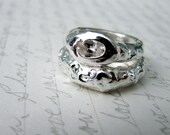 Modern Wedding Ring Set. Silver Wedding Ring With White Sapphire. Rustic Twig Ring Engagement Set