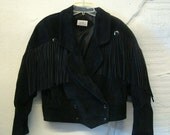 Vintage Leather Jacket 1980s Black Suede Fringe Cropped