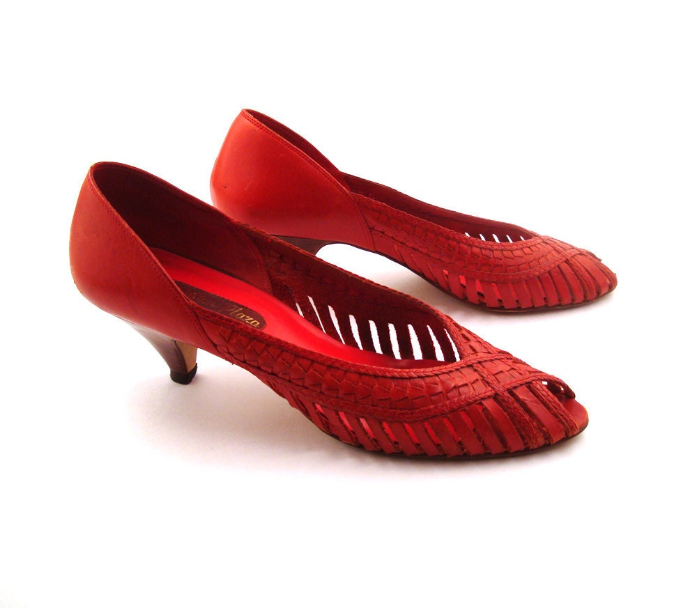 Woven Red Heels Vintage 1980s Shoes Sutton Plaza High Heel Leather Size 10 M