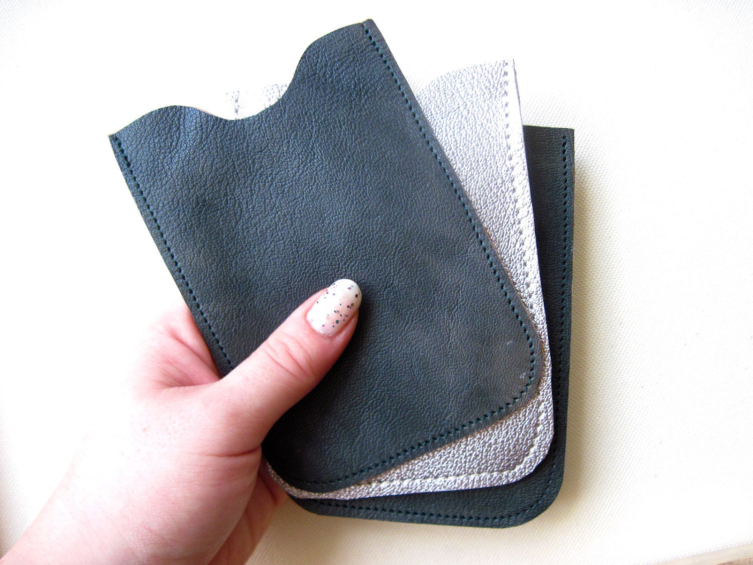 SALE Simple Leather Phone Case Silver and Green