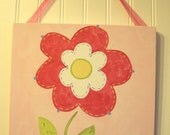Baby nursery wall art Girl kid room decor Original canvas painting Painted artwork 12 x 12 "pink spring flower" green daisy garden floral