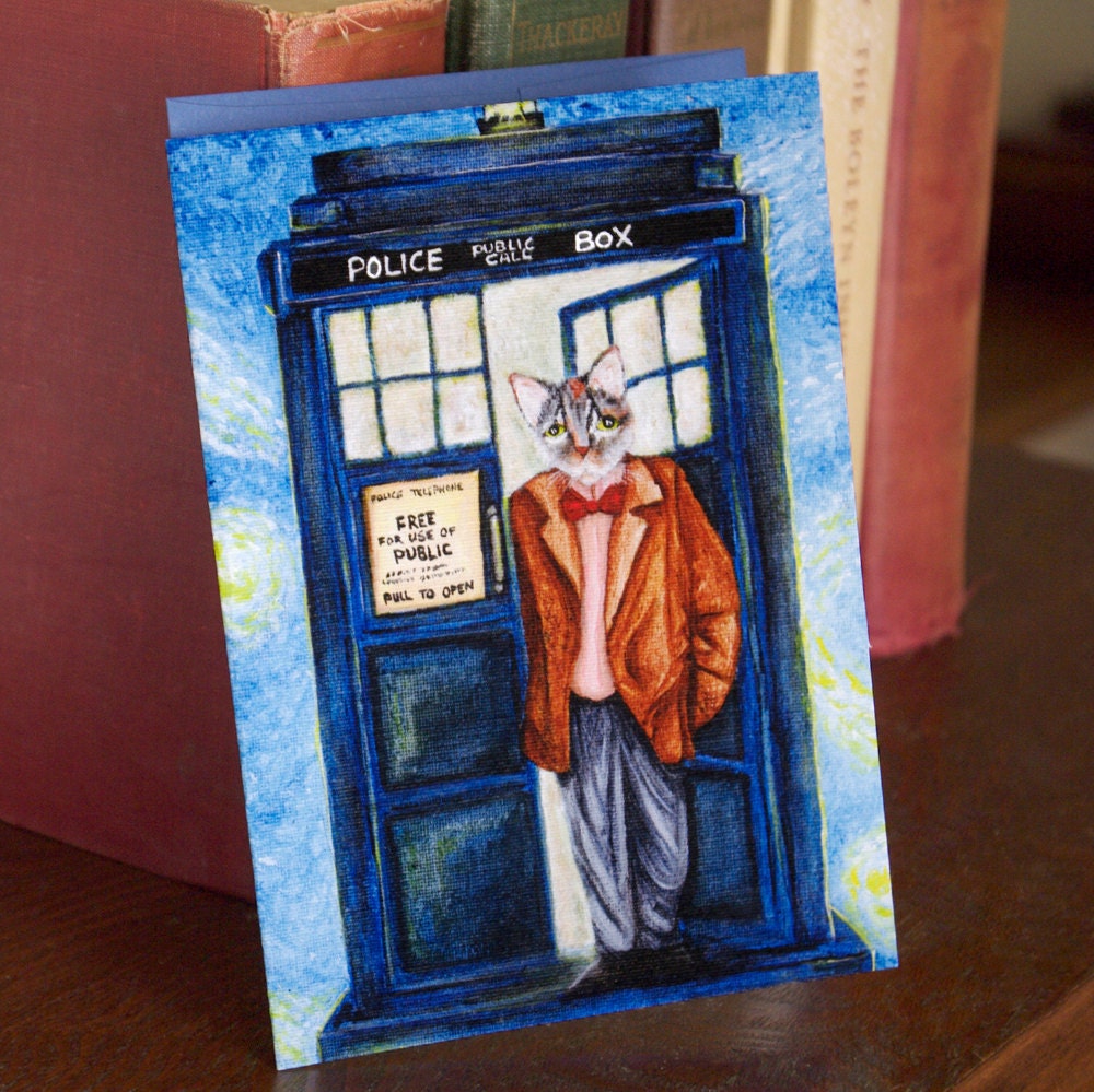 Time Traveling Doctor Card, Grey Tabby Cat in Tweed Coat, Sci Fi Cat Art Greeting Card