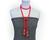 Lariat necklace, cotton and glass. Knitted belt, bright red.