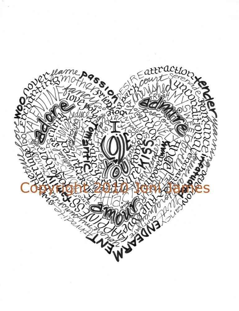 Valentine Heart Word Art Calligraphy Drawing, Love Heart Typography Calligram Pen and Ink Illustration, 8x10 Matted Print