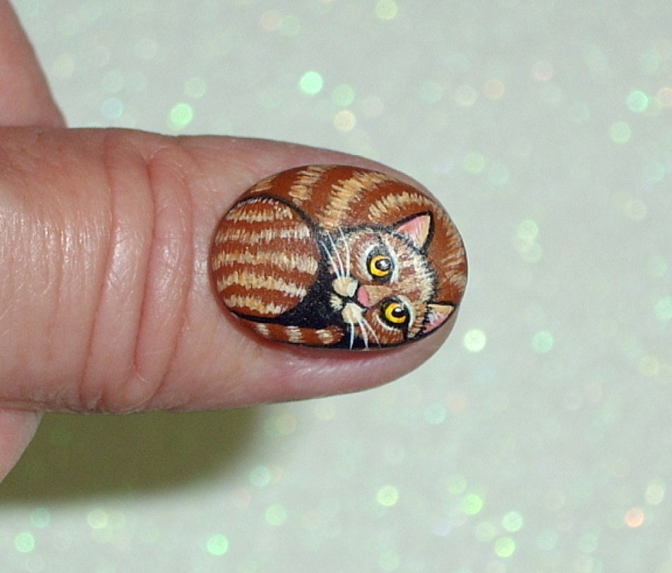Yellow stripe orange tabby cat dollhouse scale miniature animal collectible kitty needs adoption hand painted rocks by Rockartiste