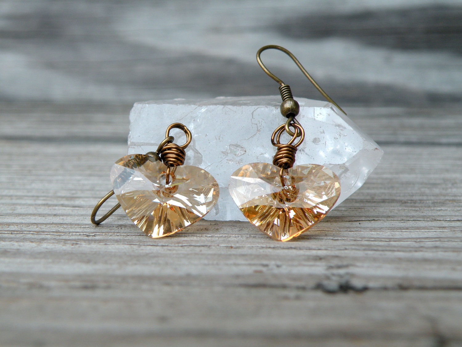 Swarovski Heart Earrings, Golden Heart, Champagne, Simple Earrings