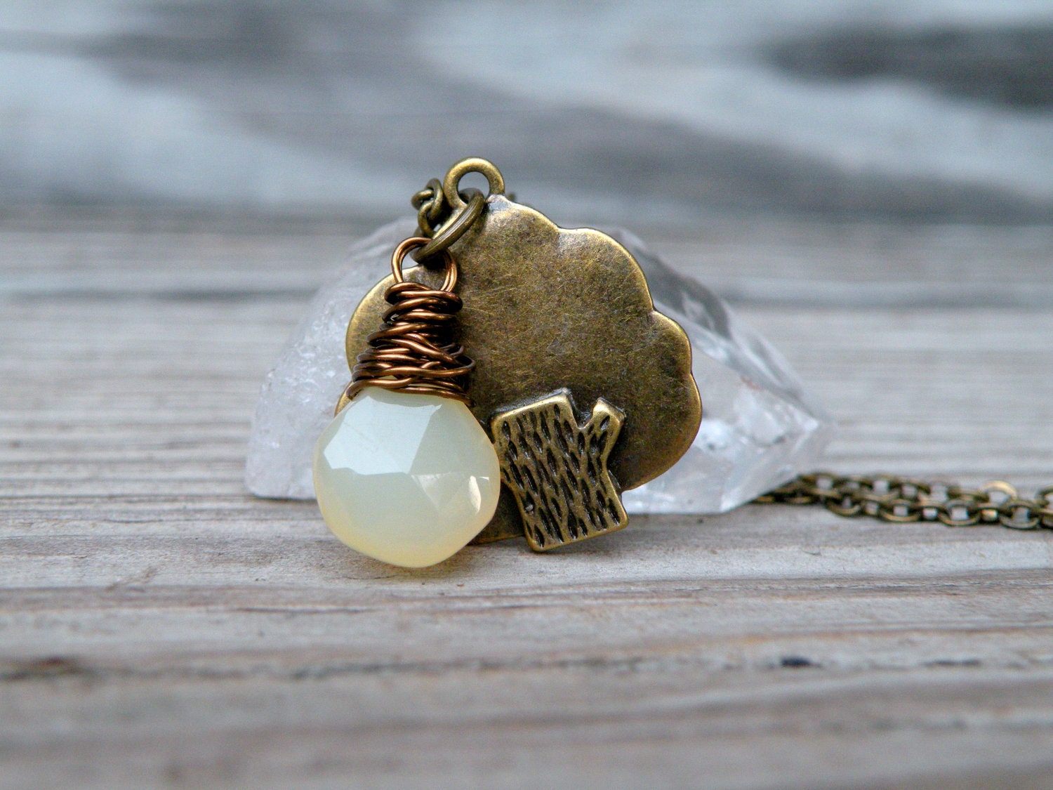 Tree Necklace, Gemstone Necklace, Chalcedony, Vintage Brass, Lime Green