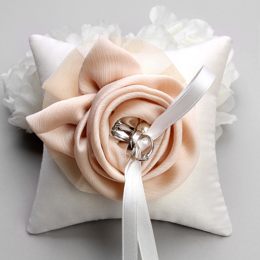 Ring pillow - wedding ring pillow, champagne silk flower ring bearer pillow