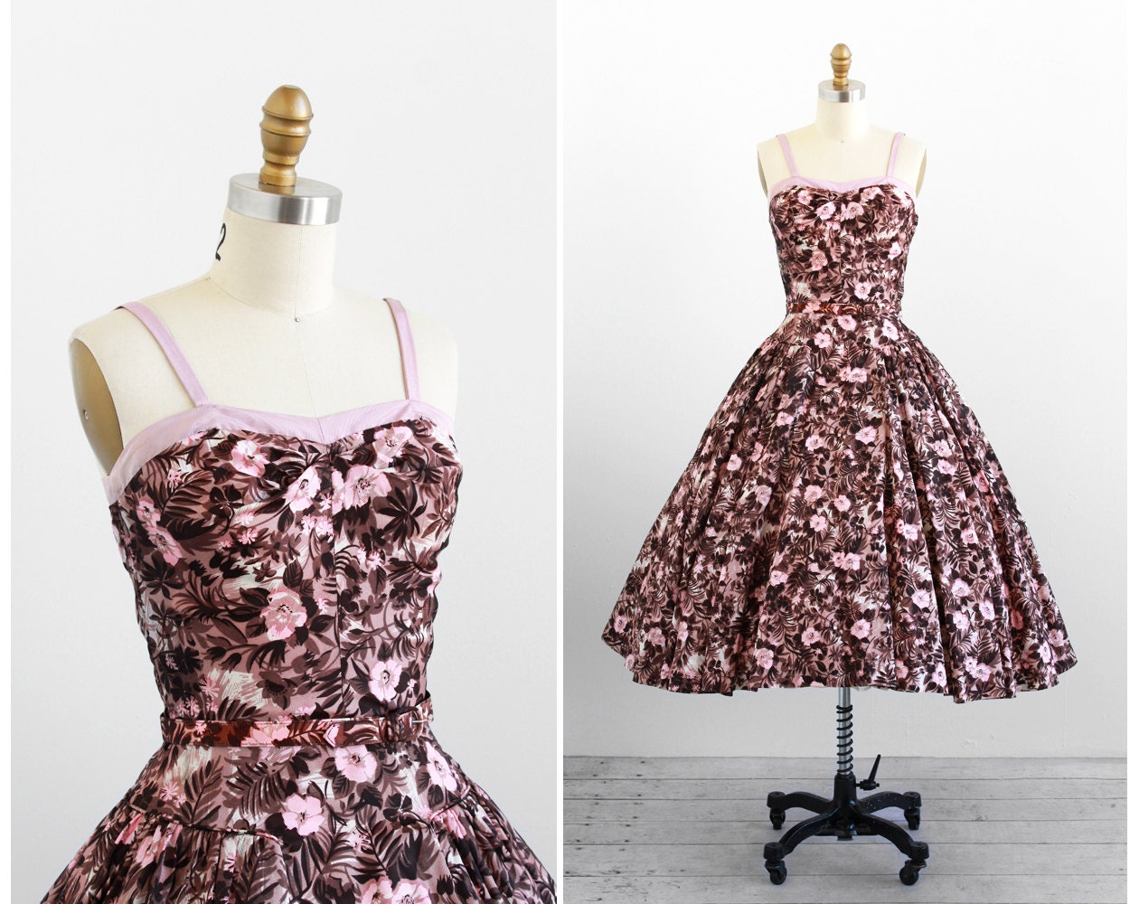 vintage 1950s dress / 50s dress / Pink and Taupe Hawaiian Floral Print Party Dress