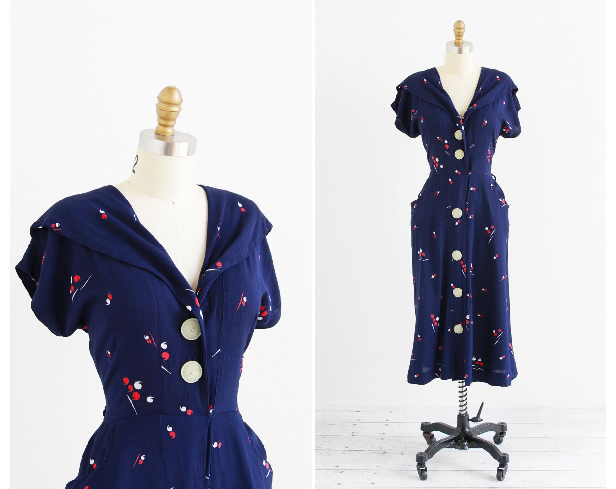 r e s e r v e d - vintage 1940s dress / 40s dress / Navy Blue, Red, and White Apostophe Novelty Print Swing Dress