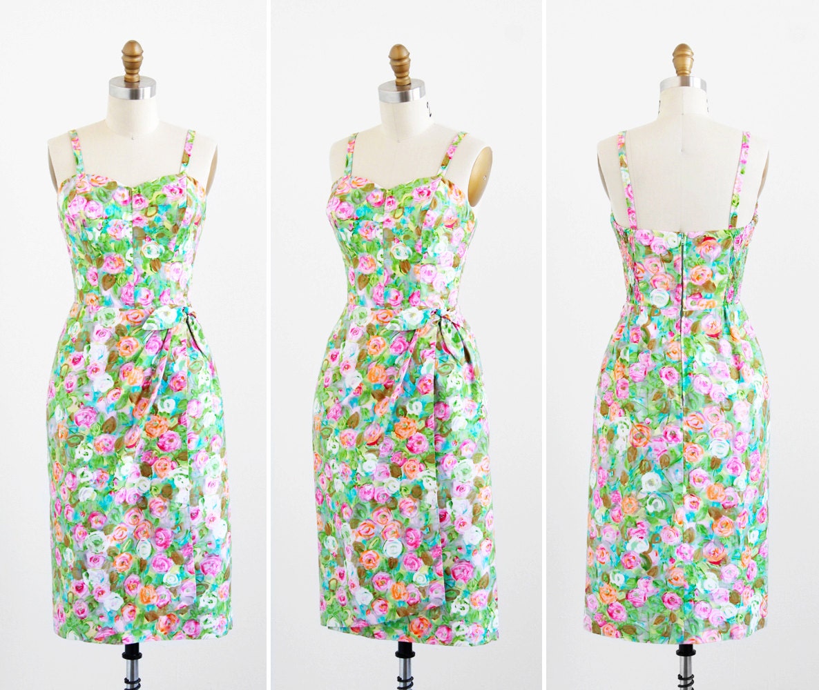 r e s e r v e d - vintage 1950s dress / 50s dress / Green and Pink Watercolor Floral Wiggle Dress by Alix of Miami