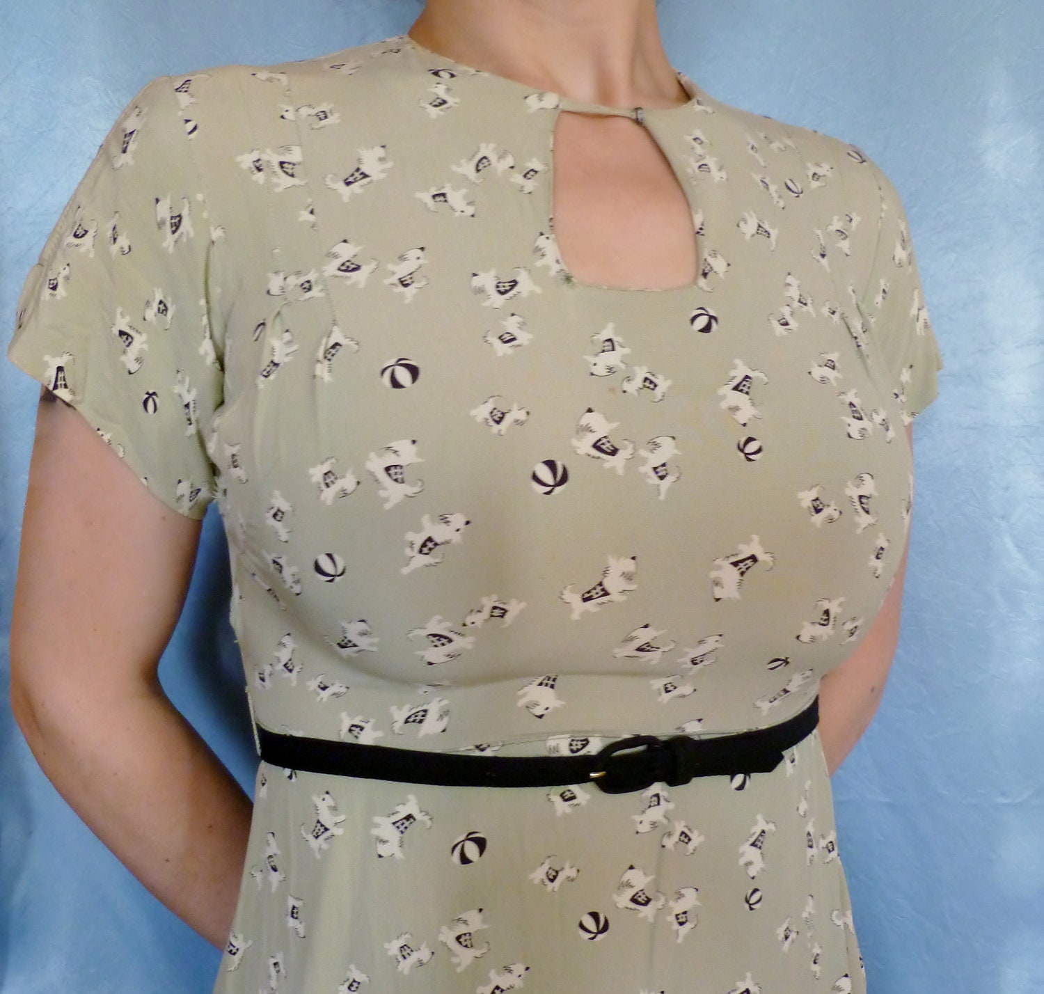 1940s 1950s Scotty Dog Novelty Print Rayon Mini Dress