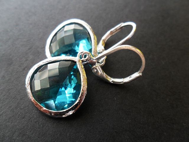 Aqua Blue Glass Jewel Drops in Silver Frames, Modern, Elegant