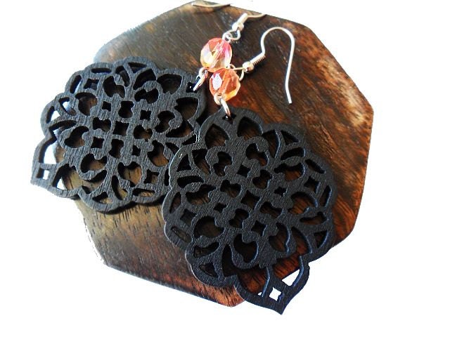 Black Wooden Filigree Earrings with Glass Beads