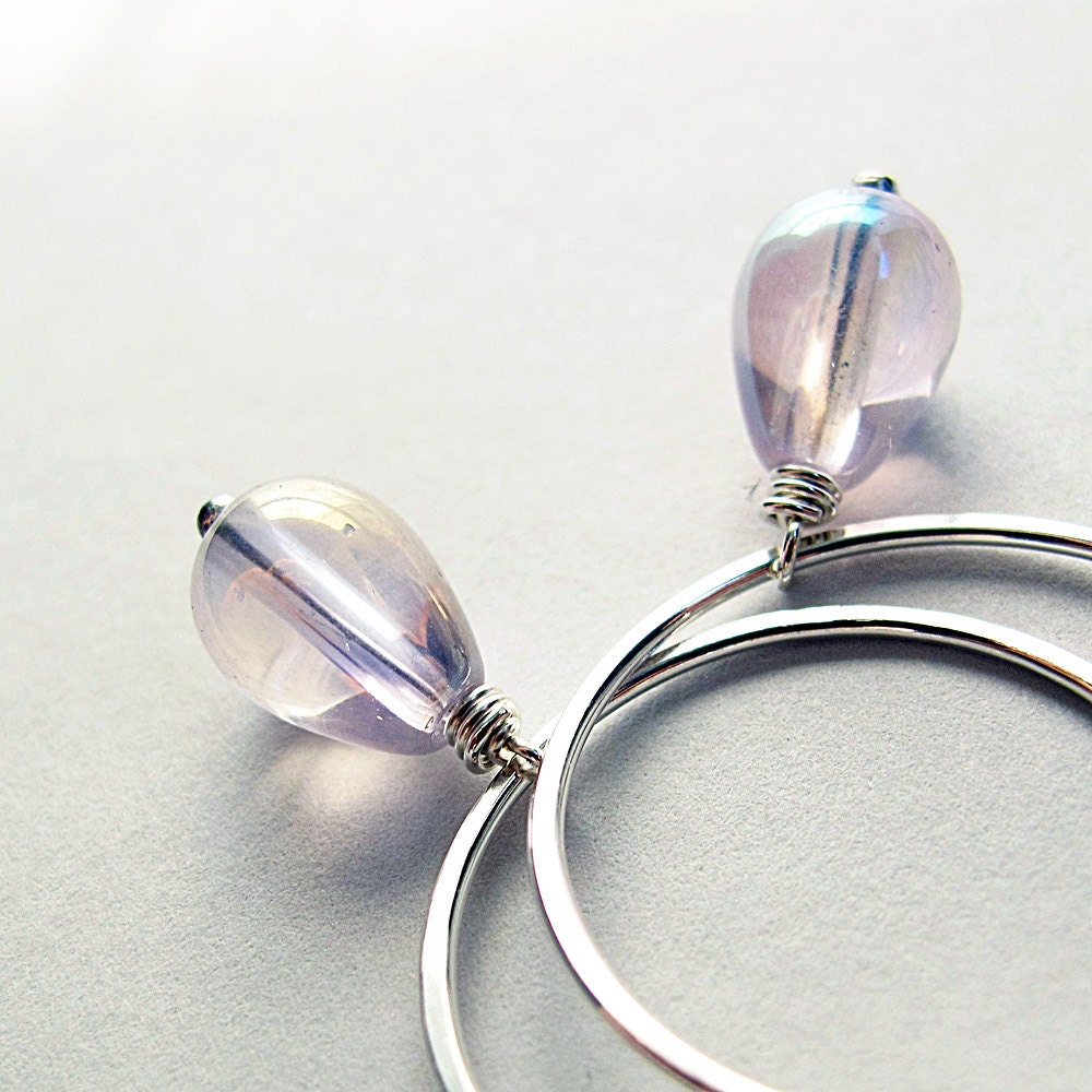 Sterling Silver Hoop Earrings, Large, Pale Pink Glass Teardrop Dangles