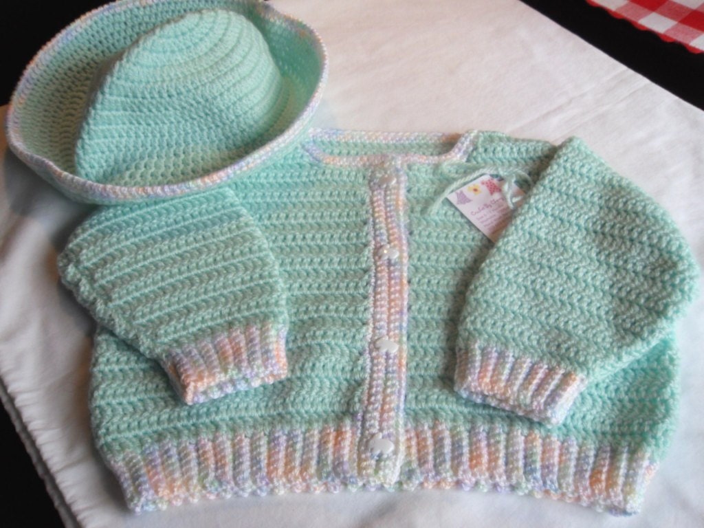 Girls Mint Green Crocheted Sweater and Hat Set with Bunny Buttons