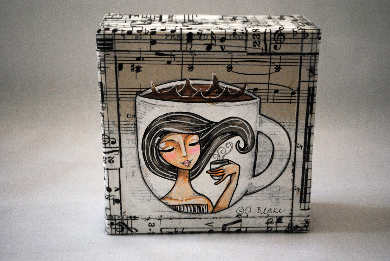 Mixed Media Original Coffee Girl by Painting Bliss