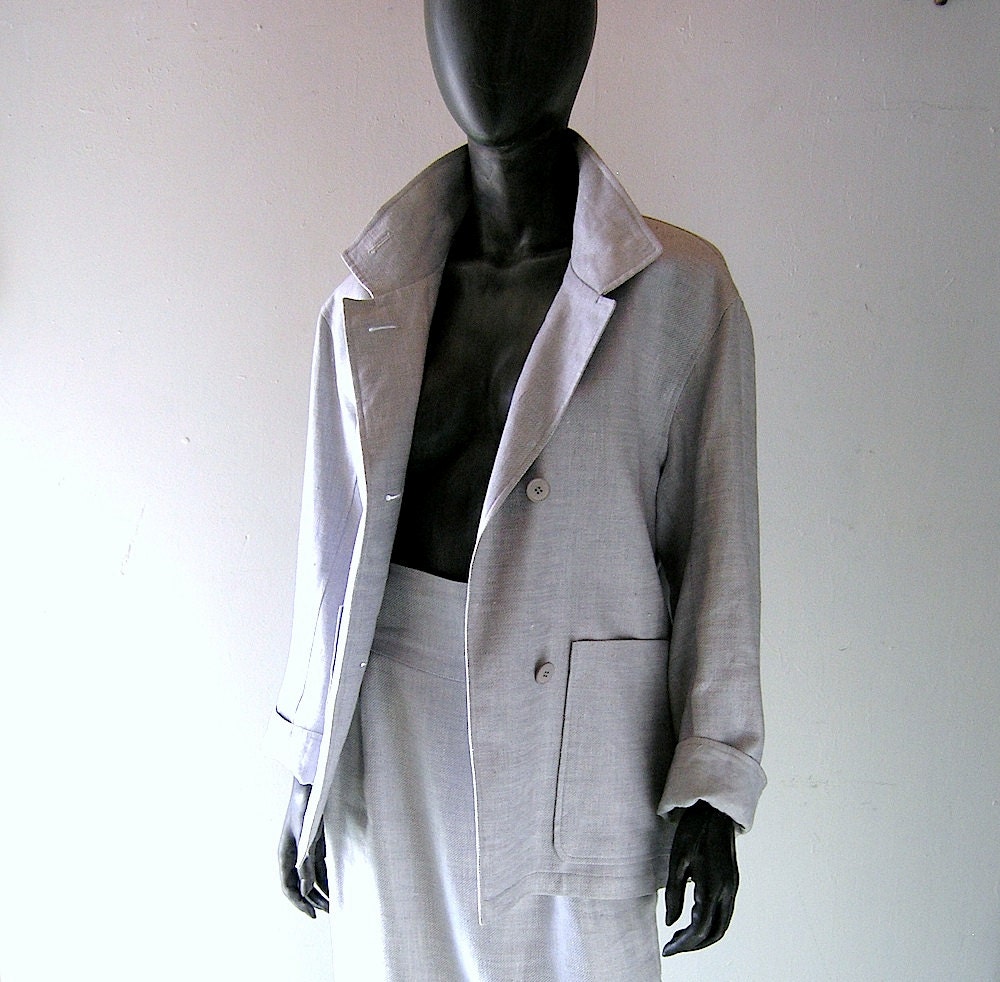 1970s Calvin Klein minimalist modern linen oversized jacket - size 6 - dove grey linen twill w/ jacquard lining - 1970s designer modern