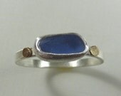 Cornflower blue seaglass ring with 14 k gold, size 7.5, gift for her