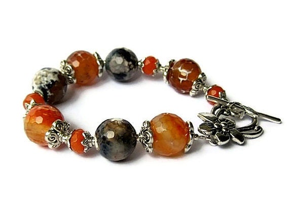 Orange Grey Fire Agate Bracelet with Orange Jade