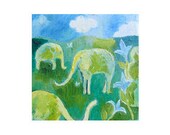 Hedge Elephants, A 4 " x 5.6 card, printed on high quality gloss paper. An original oil painting by Romany Steele