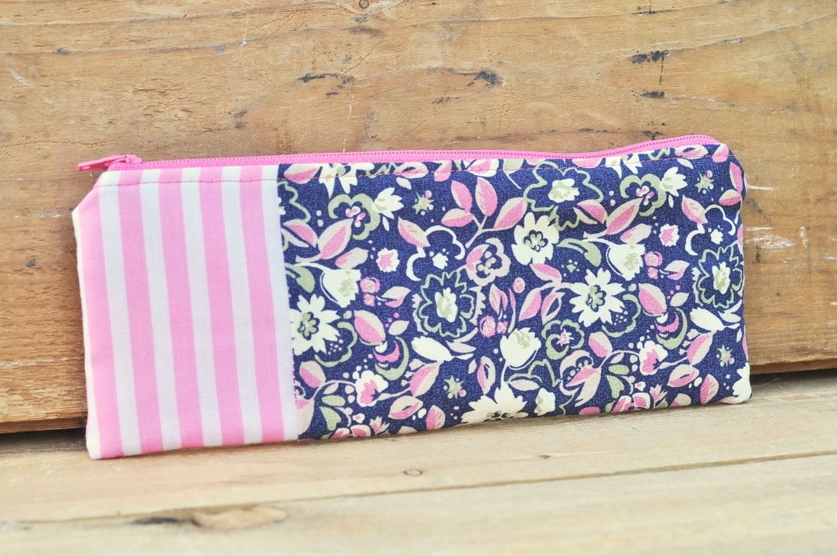 Pencil Pouch with Stripes and Flowers