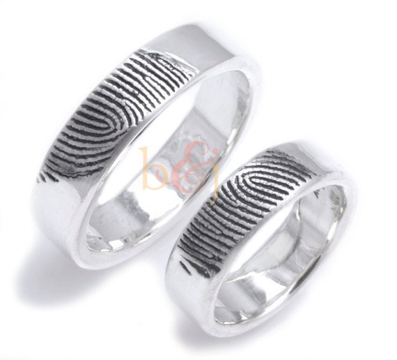 Set of fingerprint wedding rings 6mm/6mm--Set of Two-- Custom Fingerprint Wedding or Commitment Bands with Single Fingertip Whorl Print