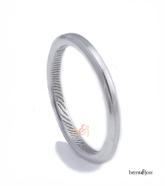 2.5mm Narrow Width Sterling Beveled Edge Custom Fingerprint Wedding/Commitment Band or Guard Ring
