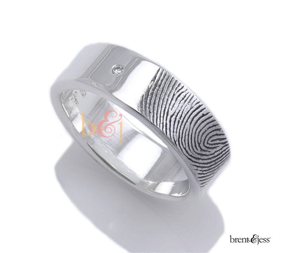 Custom 6mm fingerprint ring in Sterling Silver Fingertip Print Wedding/Commitment Band with Two Diamonds