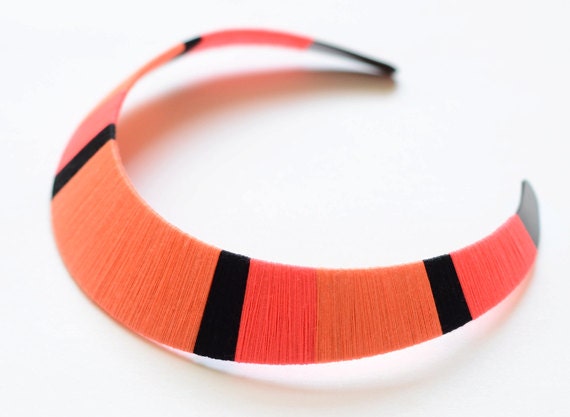 Modern. Colorblocked. Stripes. Neon Orange & Pink Thread Wrapped Statement Bib Necklace - no. 701E