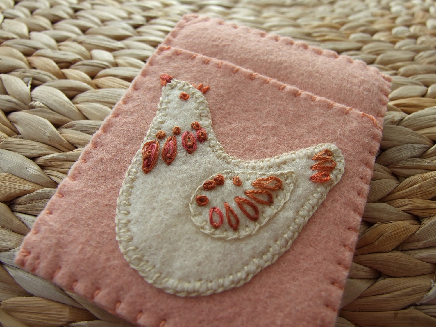 Pretty Peach Colour Felt Hand Embroidered Card Case