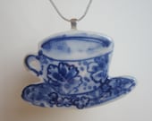 Porcelain Cup and Saucer  necklace - Handpainted  Delft Blue