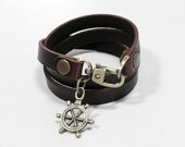 Leather Bracelet Leather Charm Bracelet Brown Color with Metal Helm Charm