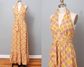 1970s Maxi Dress - Yellow Plaid Halter Dress