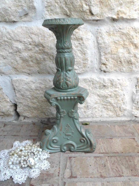 Vintage - Upcycled - Gracious Green - Large Architectural Candle Holder - Fleur De Lis - CHIC