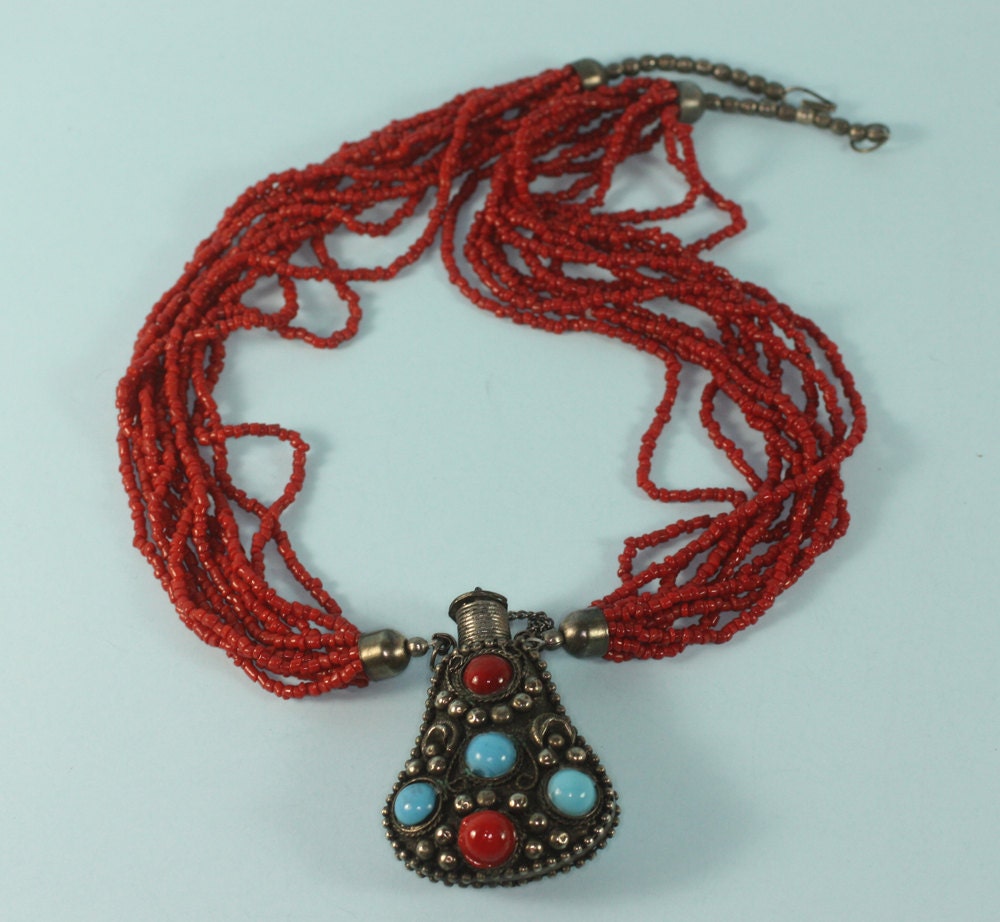 Vintage Perfume Locket Necklace Faux Coral and Turquoise
