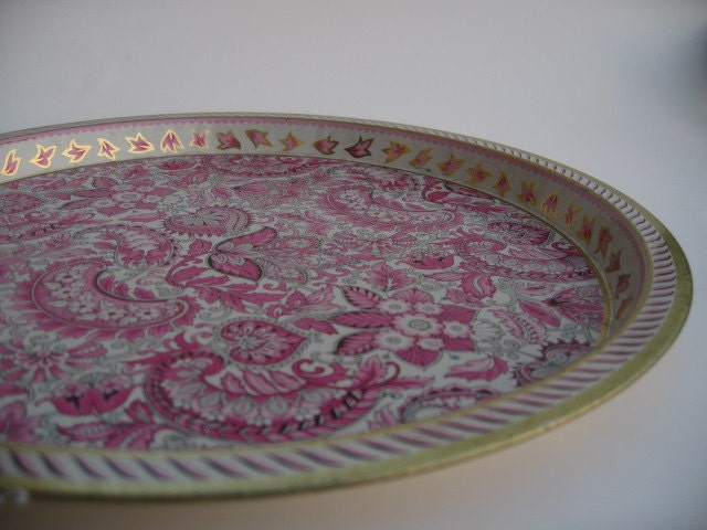 Round metal tray- Pink paisley pattern - Made by Vienna Woods in England