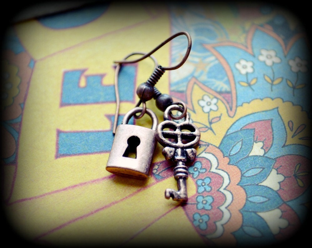Antique Copper Lock and Key Charm Earrings - Vintage Style - Skeleton Key and Padlock - Teen Fashion