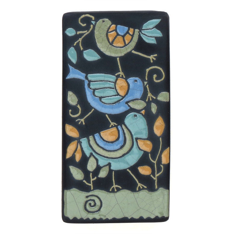 Birds,Ceramic tile,Whimsical, handmade, wall art, home decor 3x6 raku fired art tile