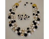 1960s Black White and Gold Beaded Demi Parure Necklace and Clip Earrings Set